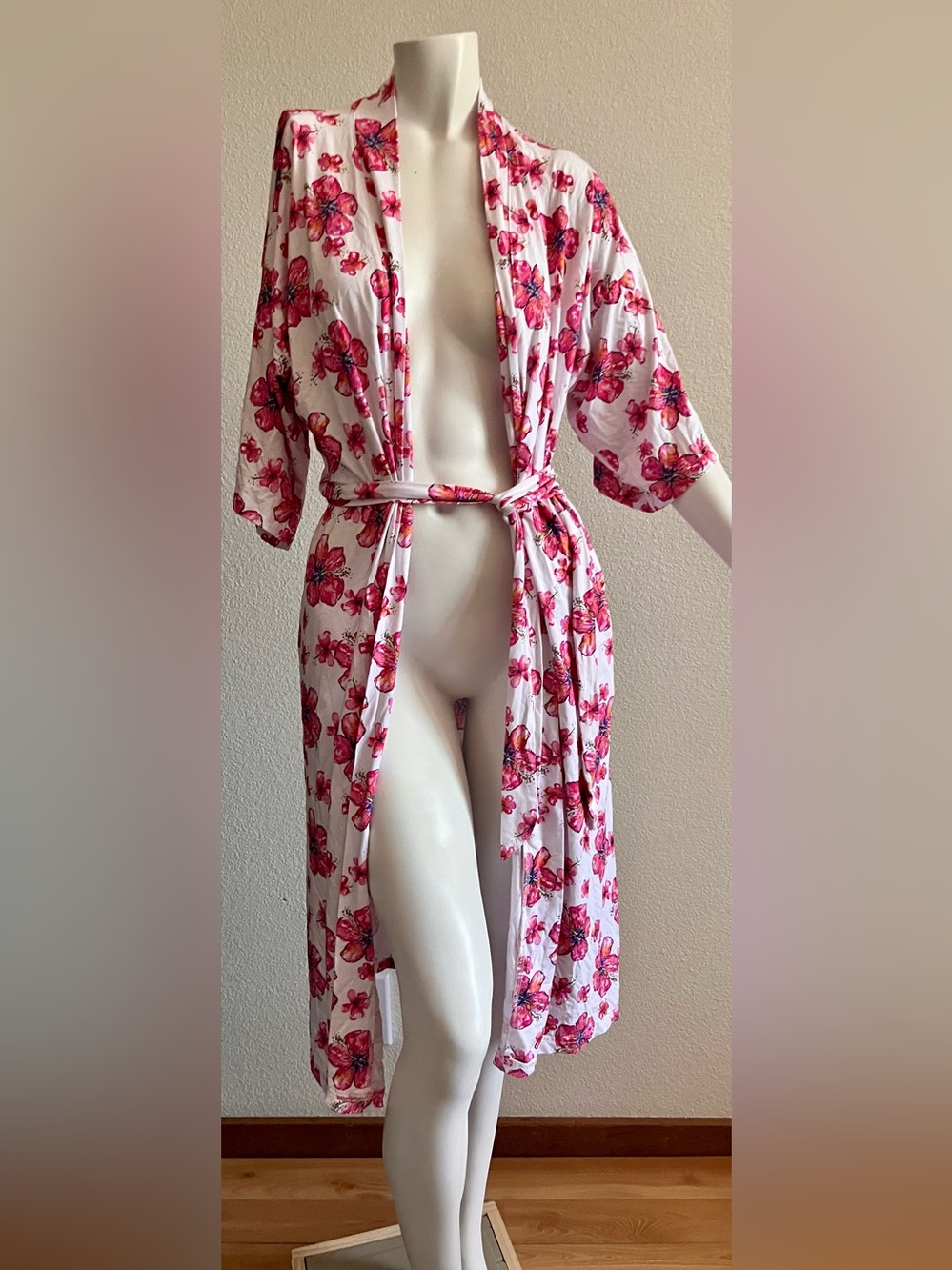 Coco Moon Hawaii Bamboo Floral Kimono Robe Pink Hibiscus M/L plumeria